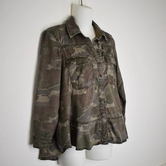 Anthropologie Camo Button Down Shirt Sz 0 Shacket Crop Grunge Combat Streetwear - Picture 4 of 16